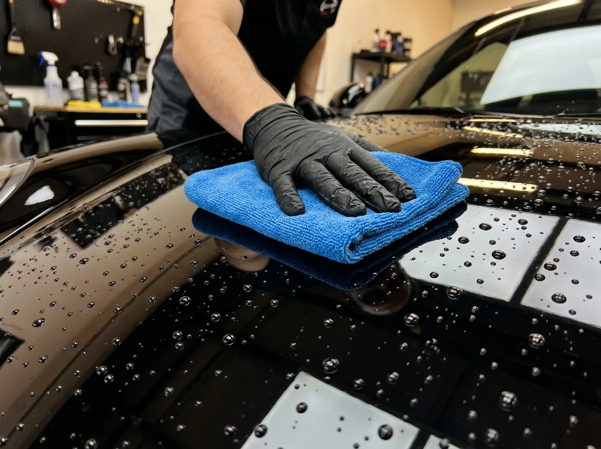 Gloved hand buffing paintwork with water beading on the surface