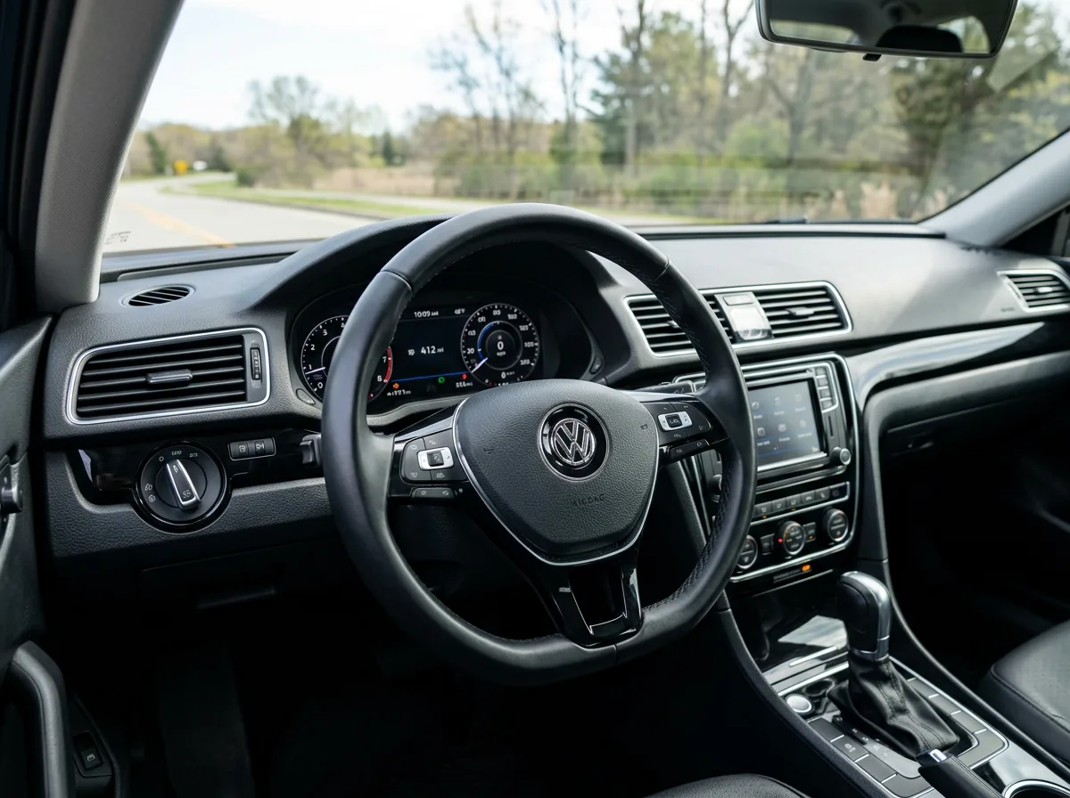 Spotless freshly wiped car dashboard and steering wheel