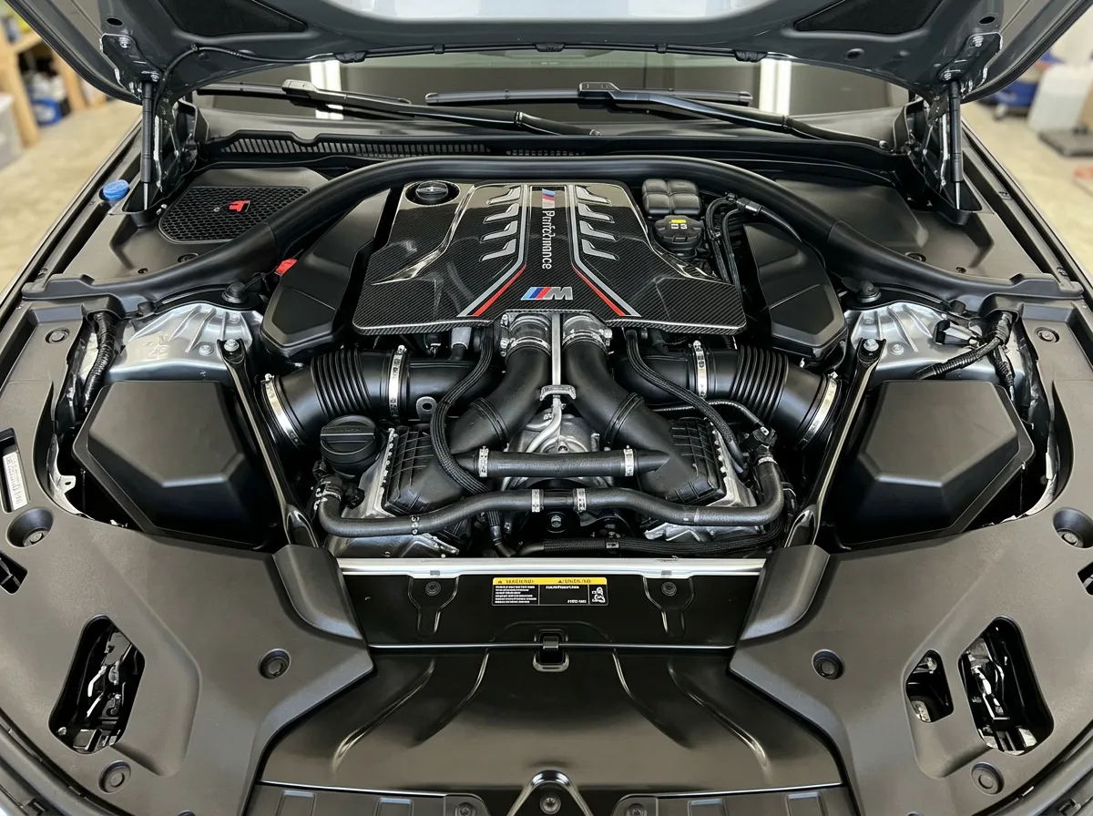 Clean and detailed car engine bay after valeting