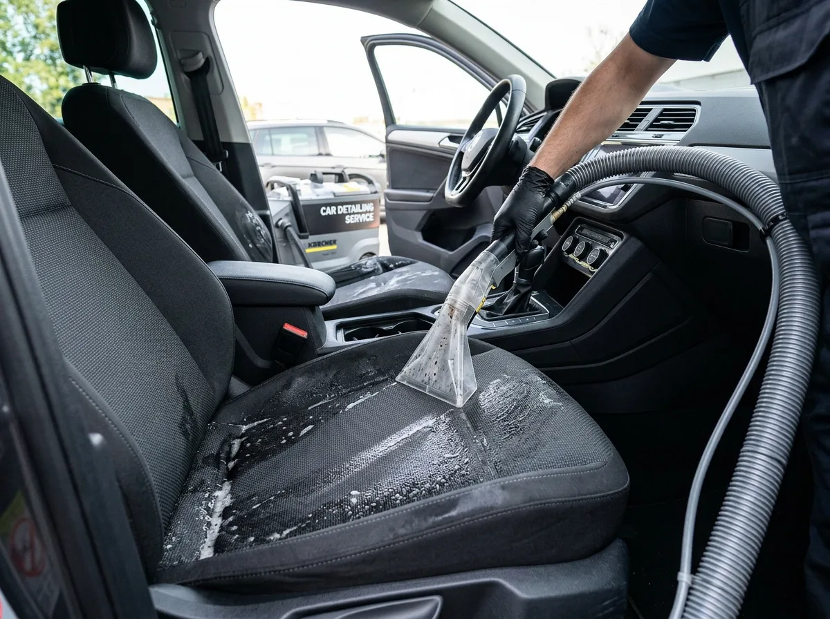Car seats being deep cleaned with an extraction machine