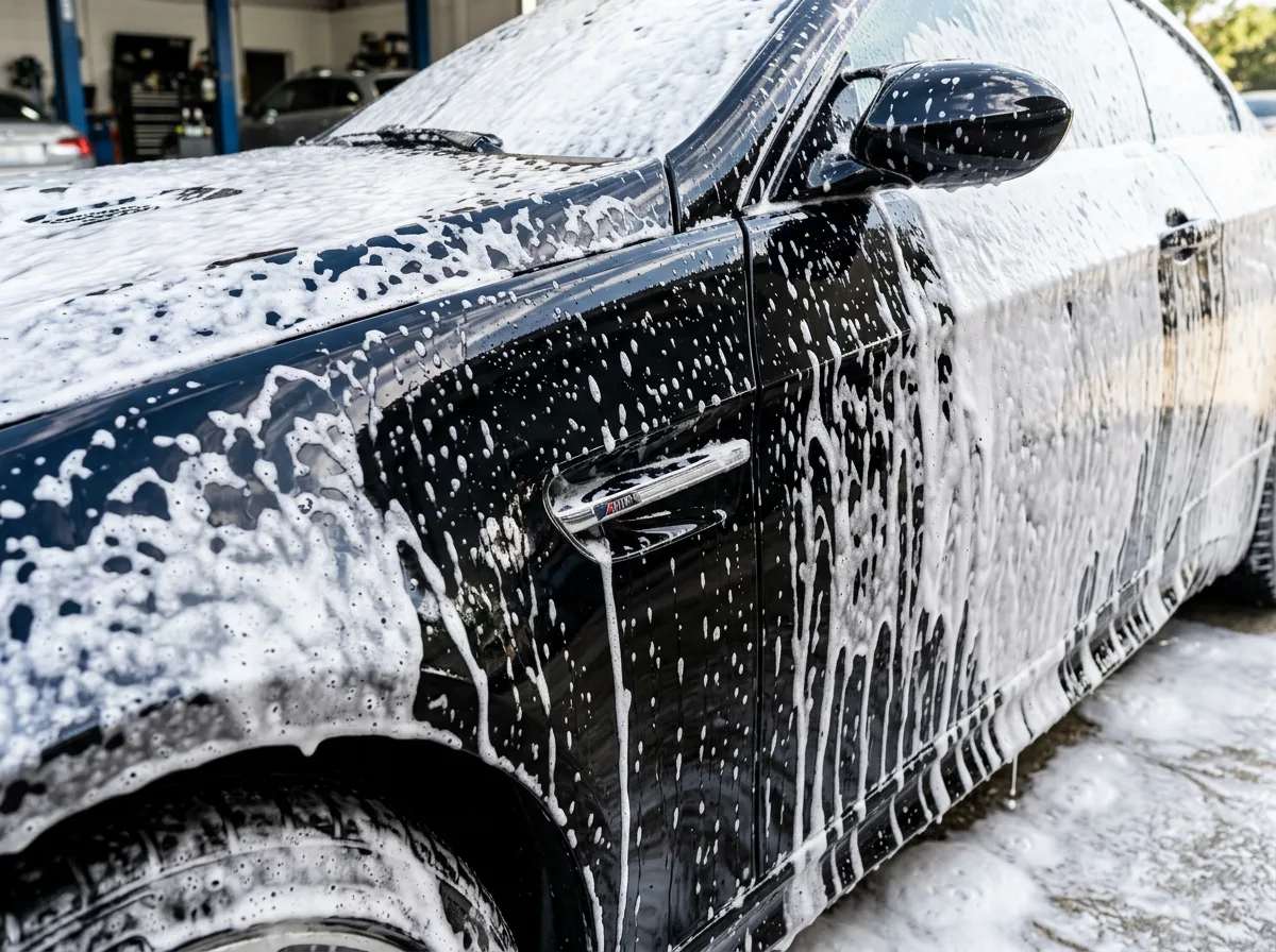 Car covered in thick white snow foam during a two stage wash