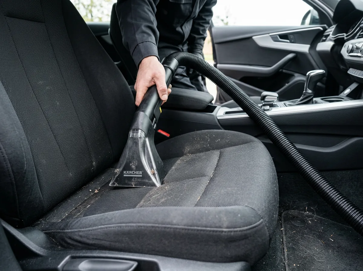 Interior seats and carpets being vacuumed during a valet