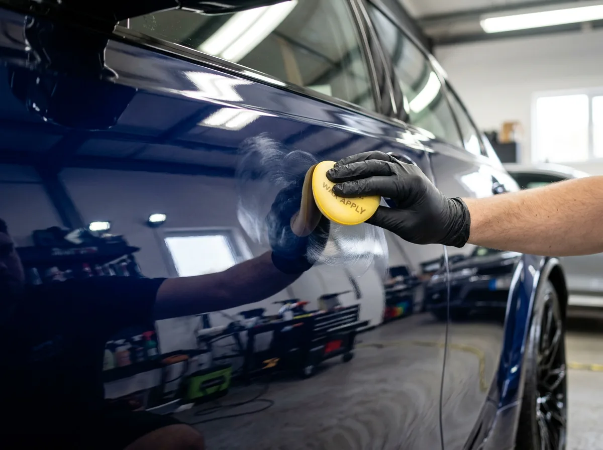 Hand applying wax to glossy polished car paintwork