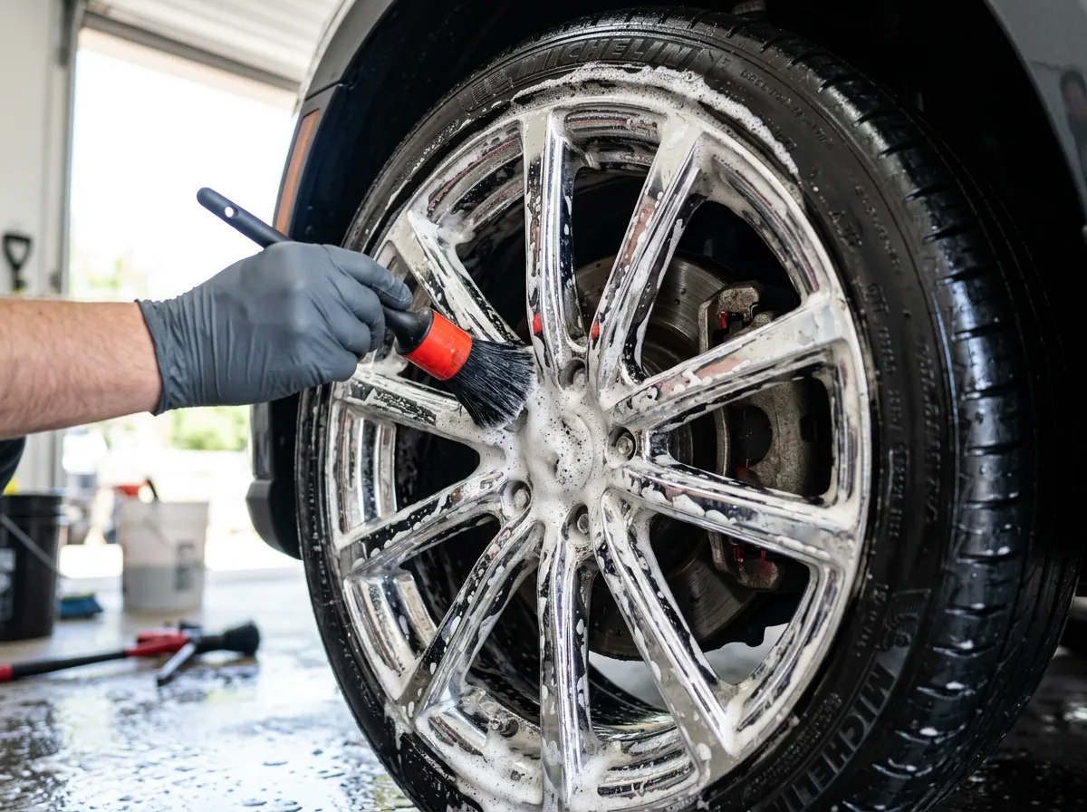 Alloy wheel being cleaned with a detailing brush and foam